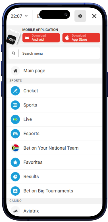 Screenshot of the mobile app's menu