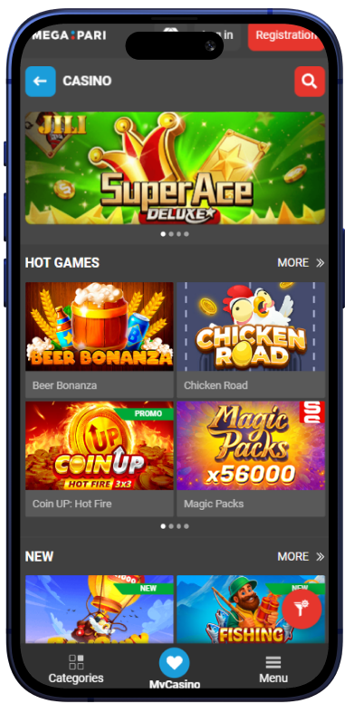 Screenshot of the mobile app's casino page