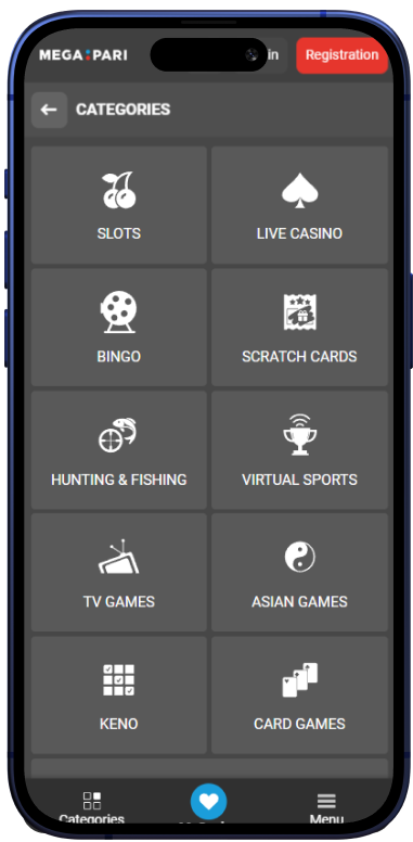 Screenshot of the mobile app's casino menu
