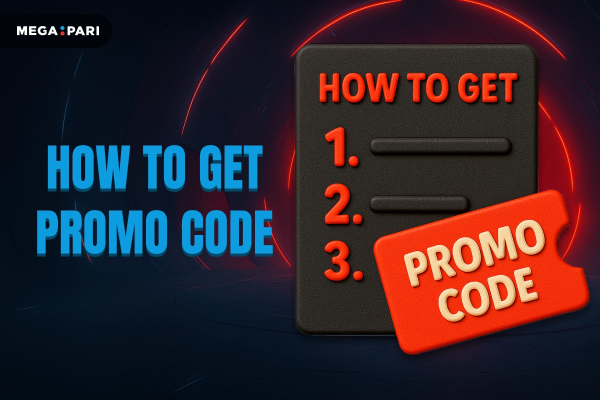 MegaPari How to Get Promo Code Today banner with dark blue background, red glowing tunnel, title on left and 3D instruction icon and promo code symbol on right