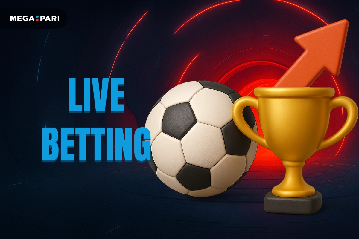 MegaPari Live Betting banner with dark blue background, red glowing tunnel, title on left and football ball, trophy, and upward arrow 3D icon on right