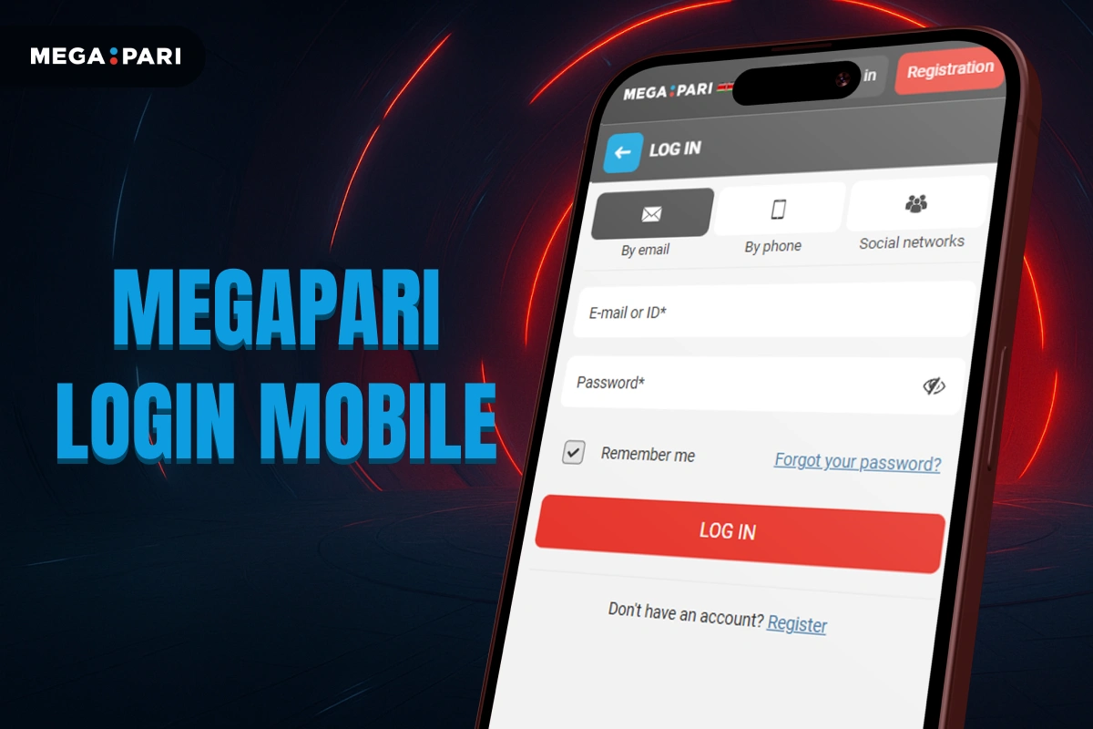 MegaPari Login Mobile banner with dark blue background, red glowing tunnel, title on left and smartphone displaying login screen on right