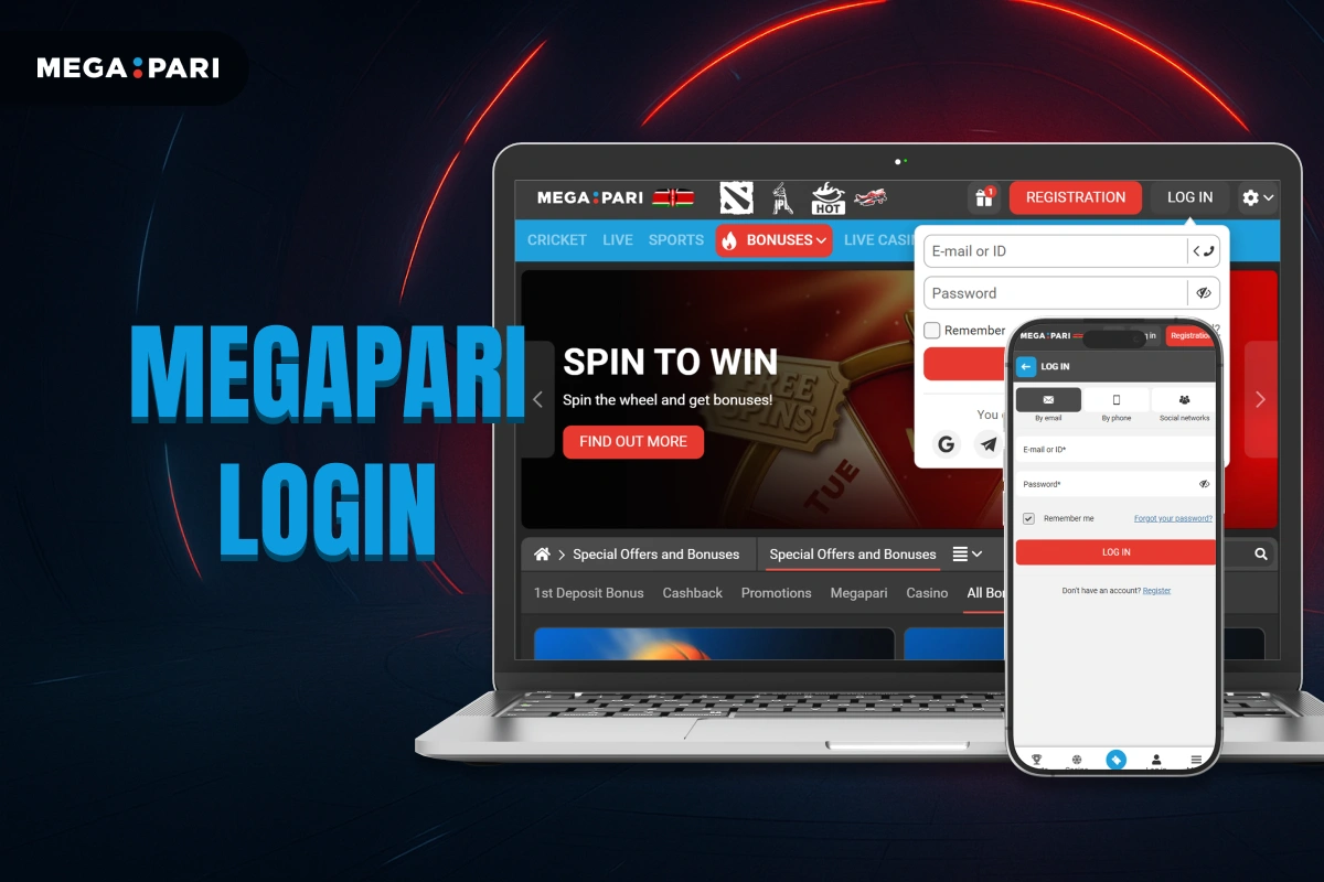 MegaPari Login banner with dark blue background, red glowing tunnel, title on left and laptop plus smartphone showing official login page on right