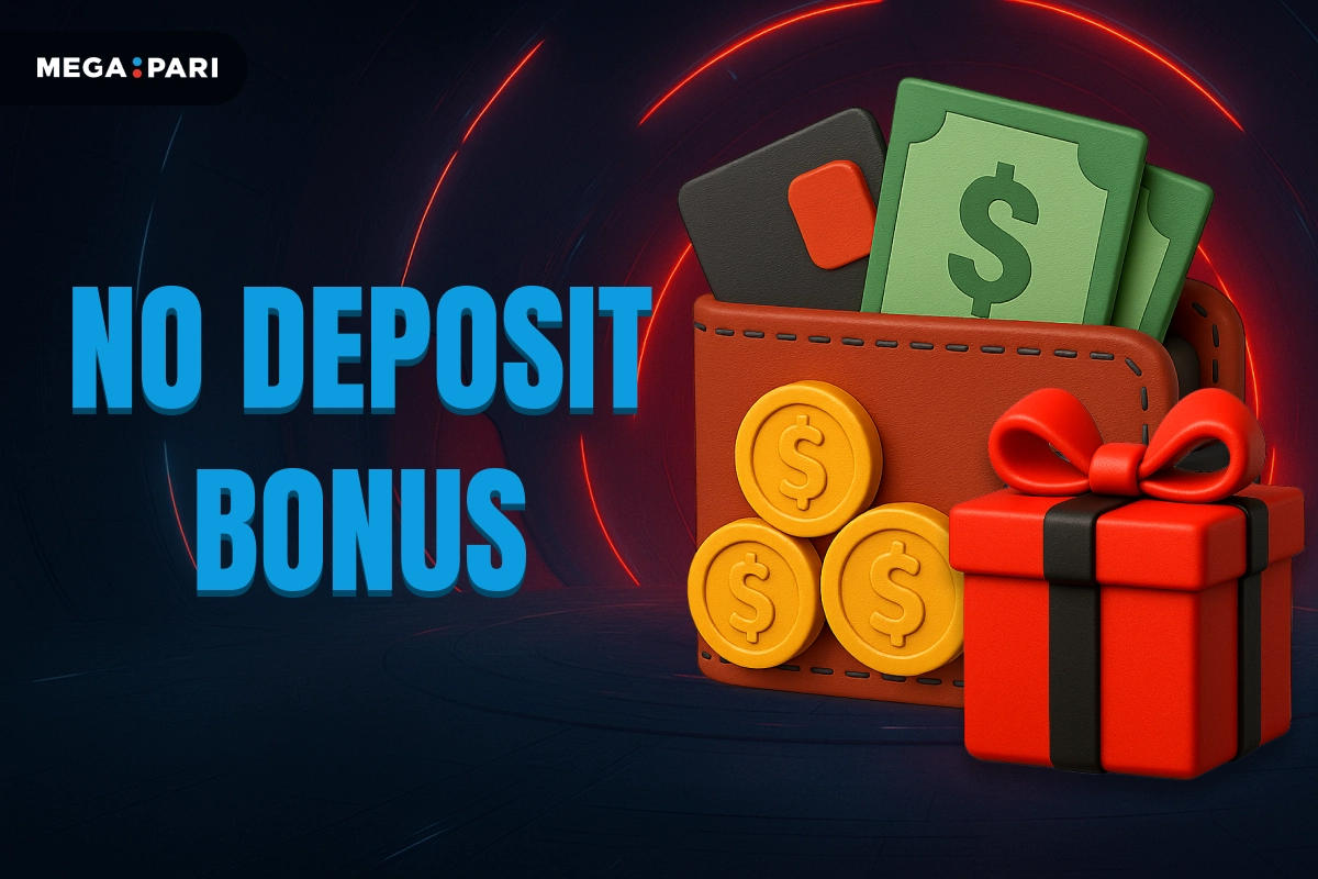 MegaPari No Deposit Bonus banner with dark blue background, red glowing tunnel, title on left and 3D wallet with money, coins, and gift box on right