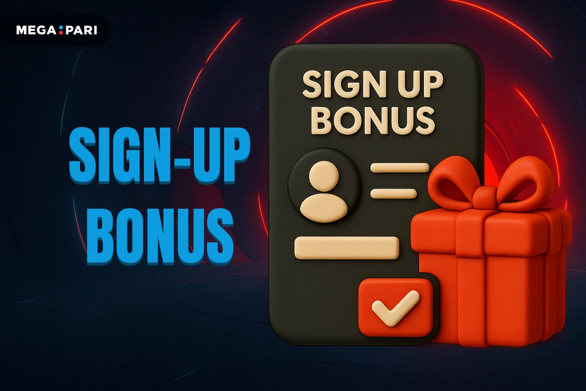 MegaPari Sign-Up Bonus banner with dark blue background, red glowing tunnel, title on left and registration form with gift box on right