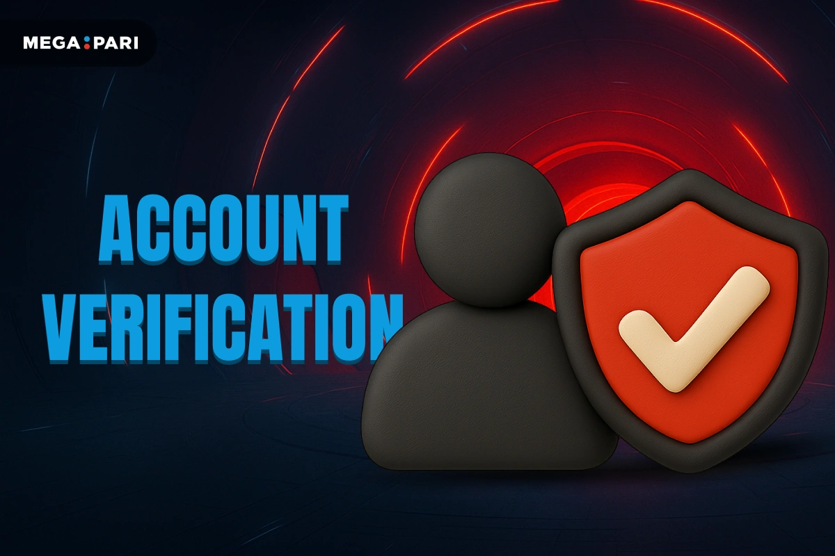 MegaPari Account Verification banner with dark blue background, red glowing tunnel, title on left and 3D user icon with red shield and checkmark on right