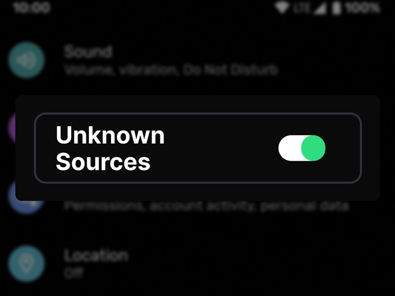 Android settings screenshot with highlighted Install apps from unknown sources option enabled