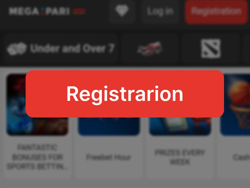 MegaPari homepage screenshot with highlighted Registration button in top-right corner and visible registration form