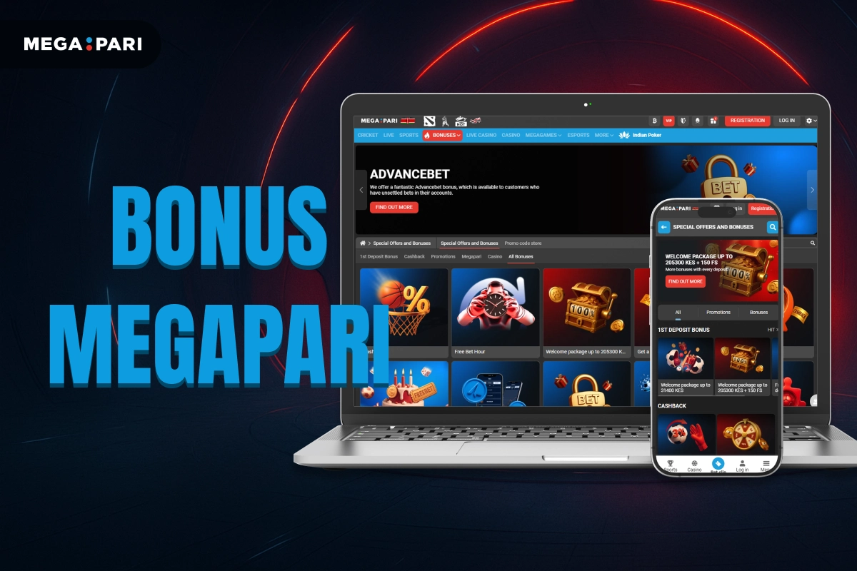 MegaPari Bonus Kenya banner with dark blue background, red glowing tunnel, title on left and laptop plus smartphone showing Bonuses and Promotions page on right