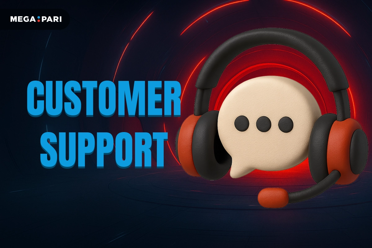 MegaPari Customer Support banner with dark blue background, red glowing tunnel, title on left and headphones with chat bubble 3D icon on right