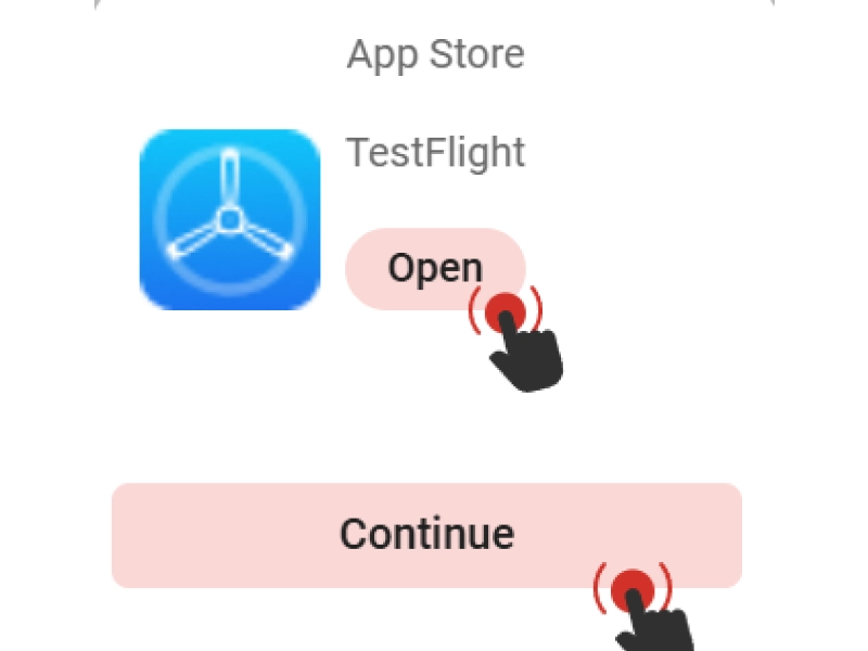 TestFlight app launch screenshot on iPhone with highlighted Continue button