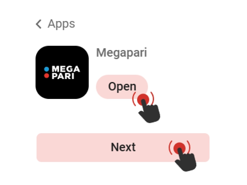 Megapari iOS app onboarding screenshot with highlighted Next and notification permissions buttons