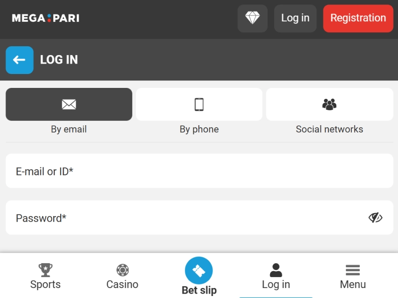 MegaPari login form screenshot with highlighted email, ID or phone number fields and password input