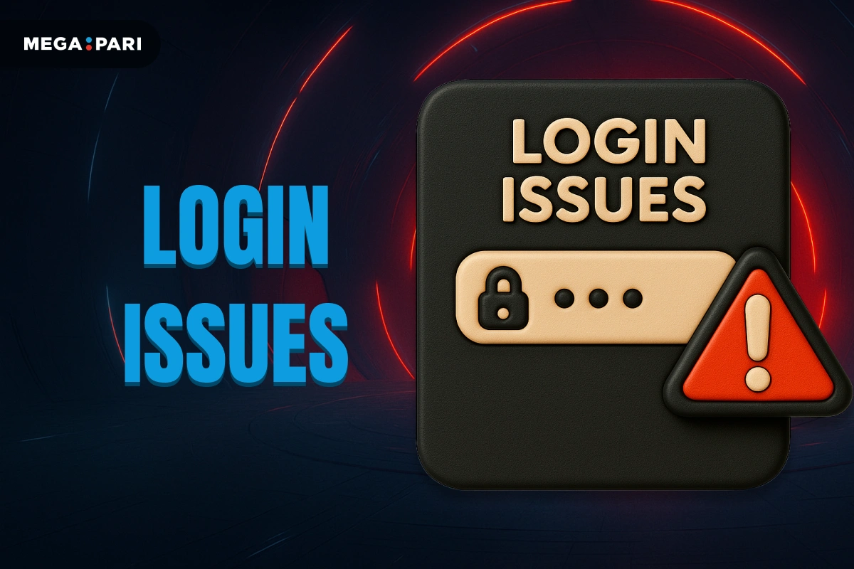 MegaPari Login and Password Issues banner with dark blue background, red glowing tunnel, title on left and login form with red warning icon on right