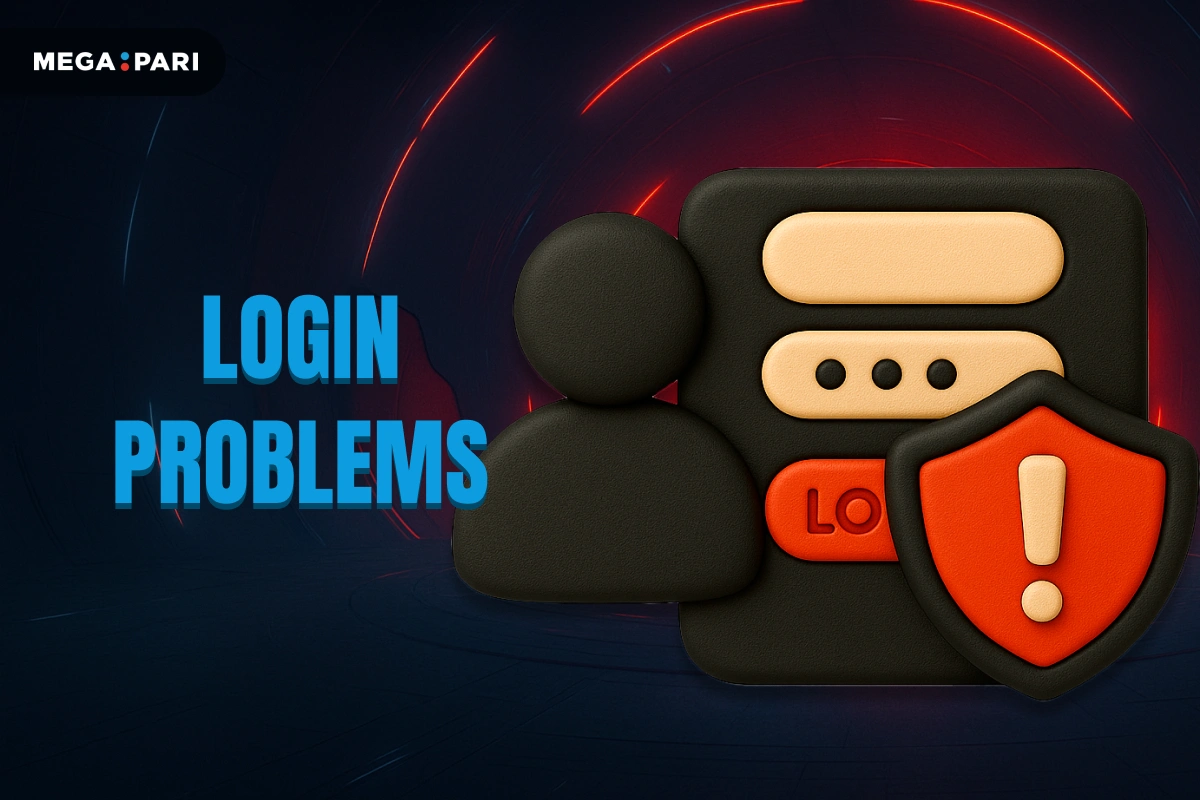 MegaPari Login Problems banner with dark blue background, red glowing tunnel, title on left and 3D user icon with red shield and warning symbol on right