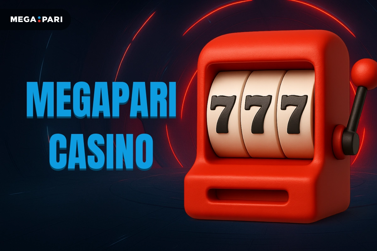 MegaPari Casino banner with dark blue background, red glowing tunnel, title on left and 3D red slot machine on right