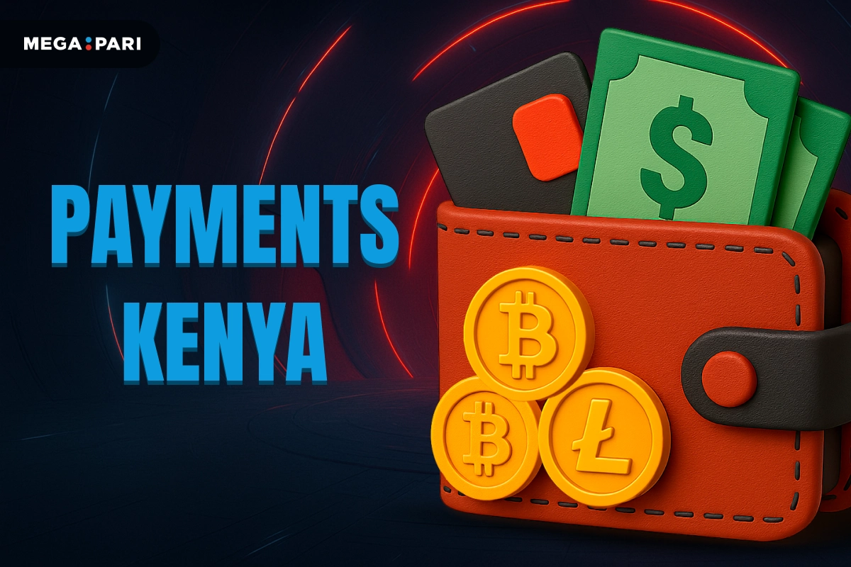 MegaPari Payments banner with dark blue background, red glowing tunnel, title on left and wallet with money, bank cards and cryptocurrency icons Bitcoin and Litecoin on right