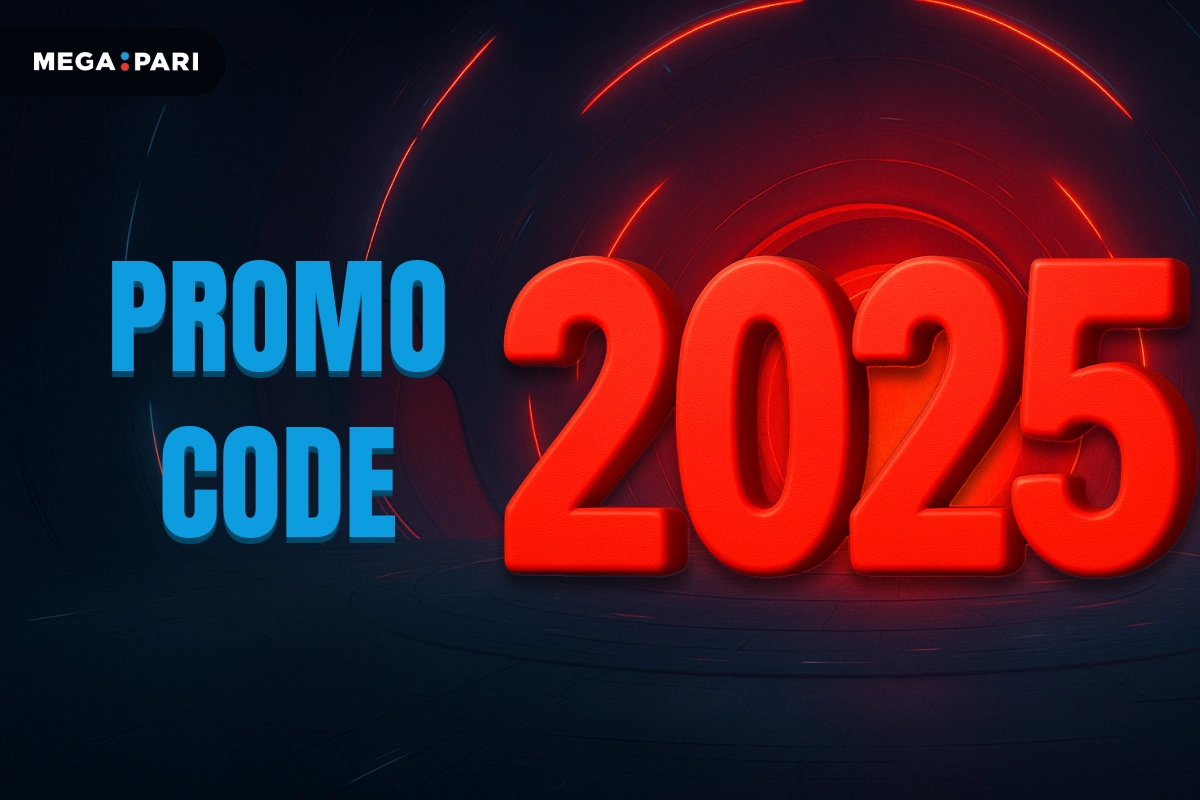 MegaPari Promo Code 2025 banner with dark blue background, red glowing tunnel, title on left and large 3D numbers 2025 on right