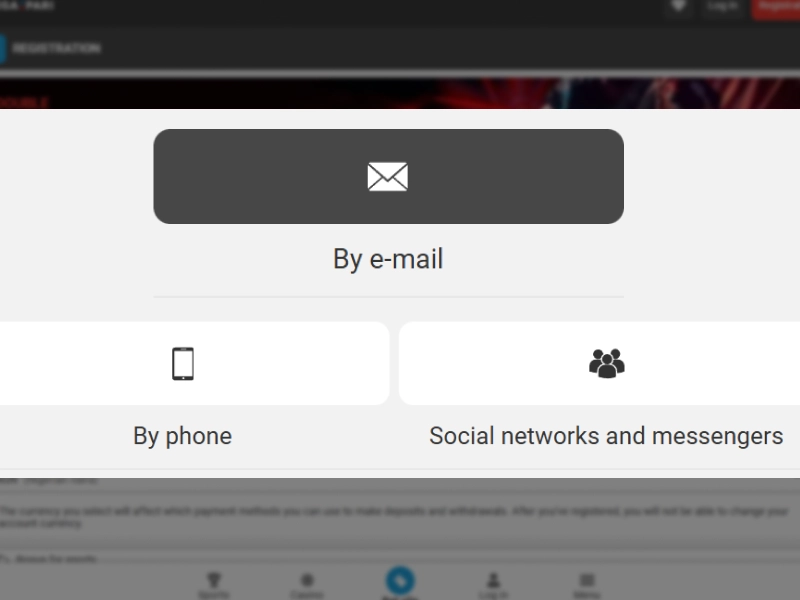 MegaPari registration methods screenshot showing options By Email, By Phone, and Social Networks
