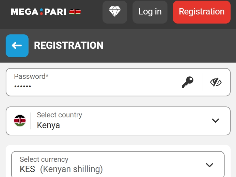 MegaPari registration form screenshot with highlighted fields for phone number, confirmation code, email, country, and preferred currency