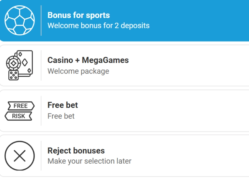 egaPari welcome bonus selection screenshot showing sports, casino, and free bet bonuses with Reject bonus option