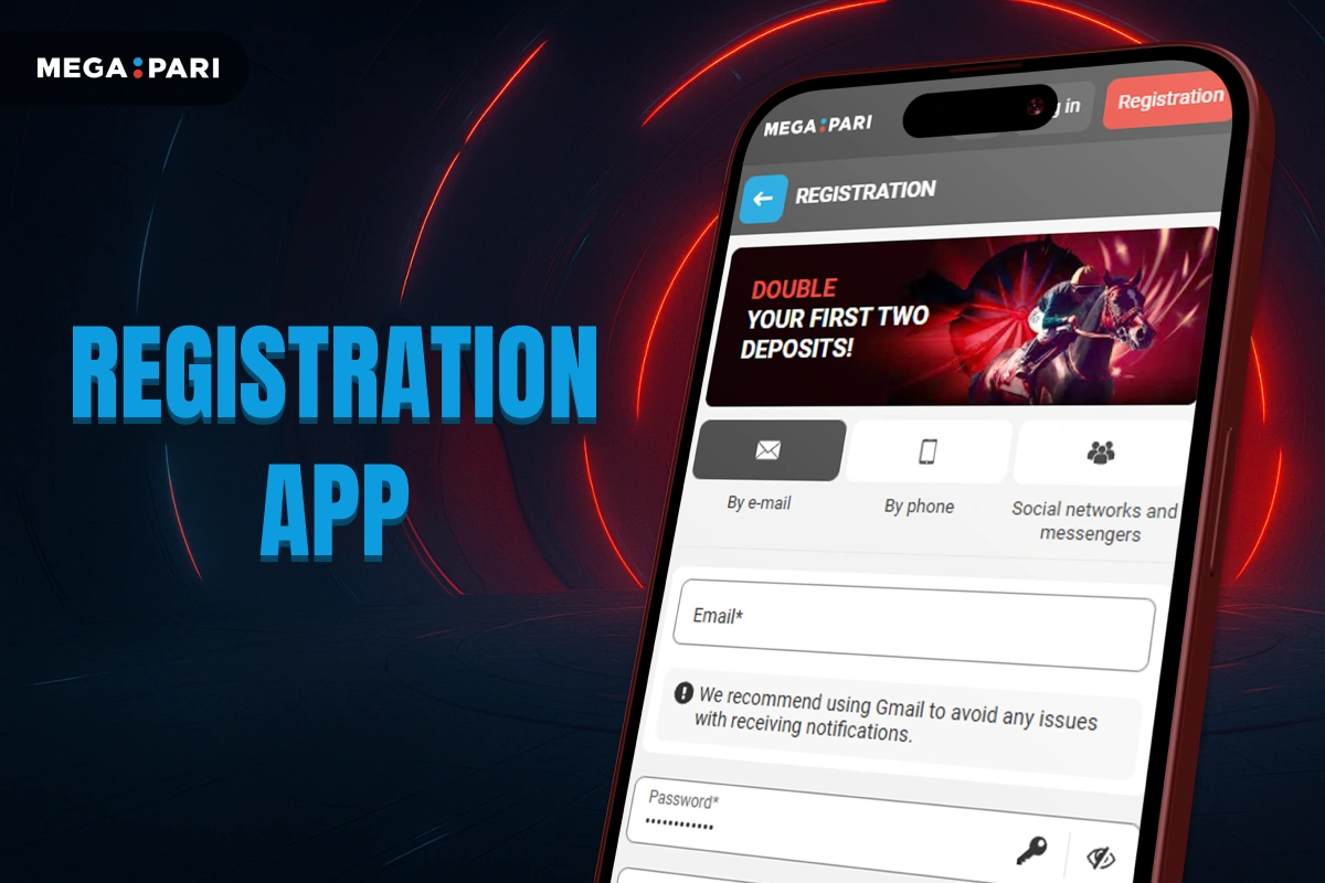 MegaPari Registration Kenya App banner with dark blue background, red glowing tunnel, title on left and smartphone with official registration page on right