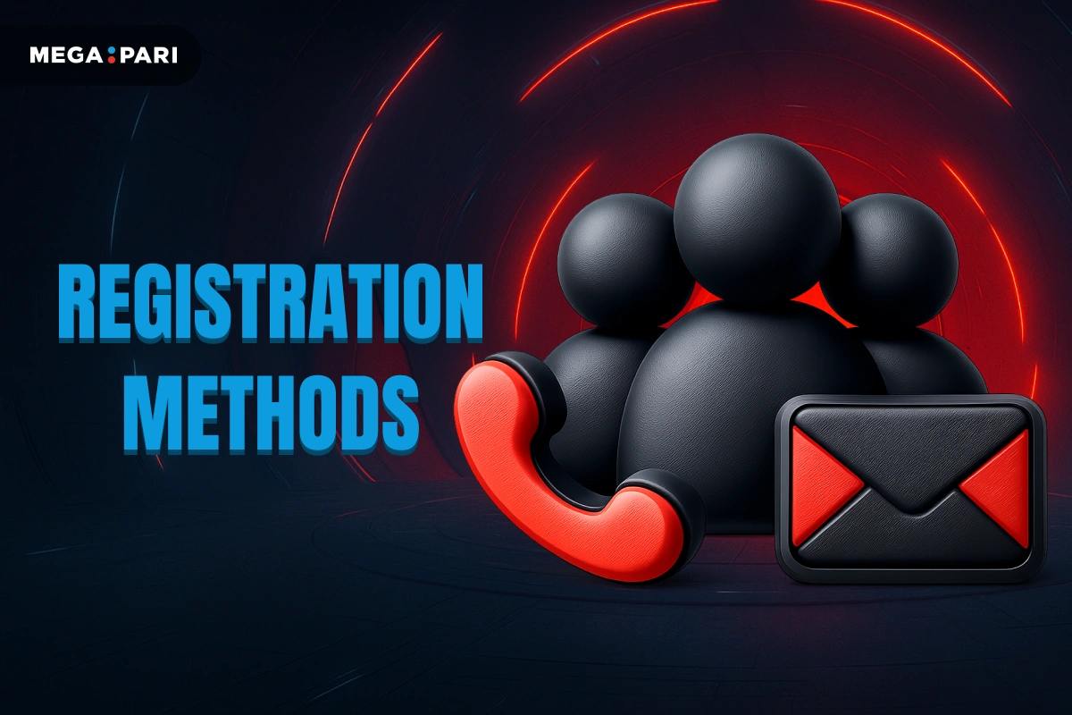 MegaPari Registration Methods banner with dark blue background, red glowing tunnel, title on left and 3D icons of users crowd, phone and email on right