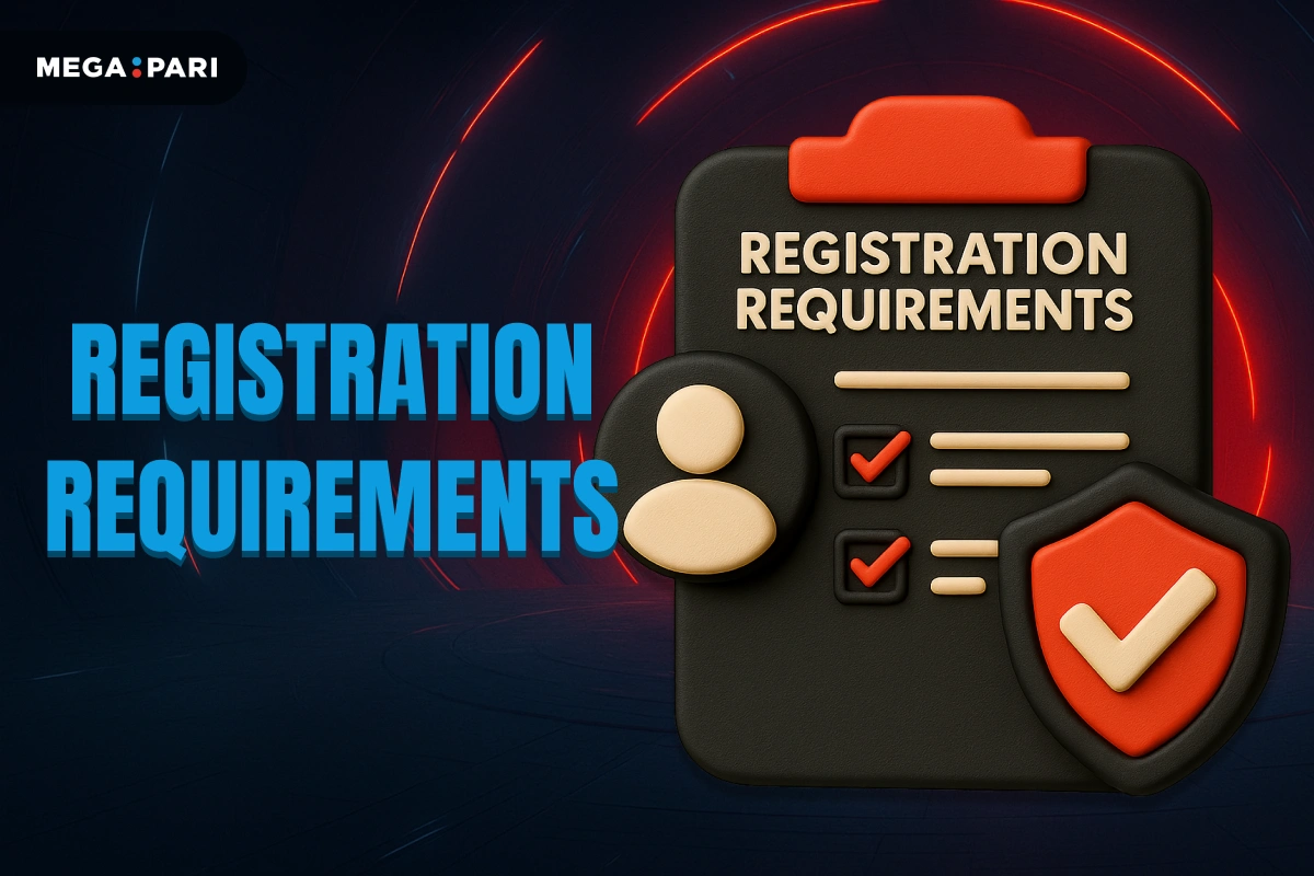 MegaPari Registration Kenya Requirements banner with dark blue background, red glowing tunnel, title on left and 3D requirements icon with account symbol and shield on right
