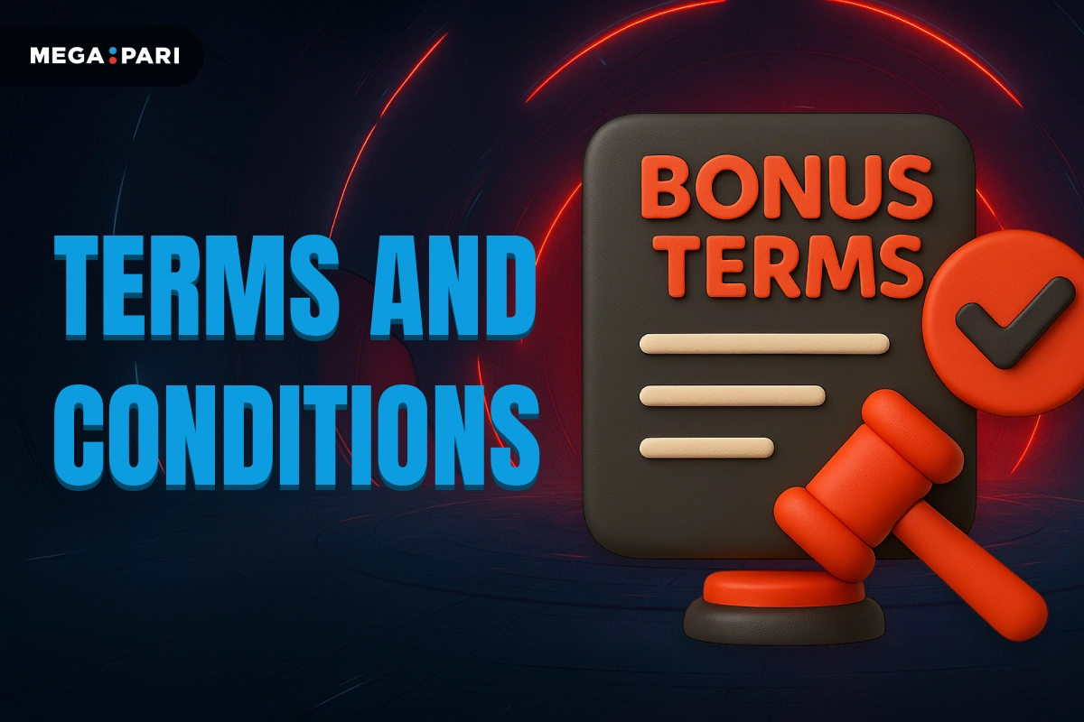MegaPari Terms and Conditions banner with dark blue background, red glowing tunnel, title on left and 3D rules icon with judge’s gavel on right