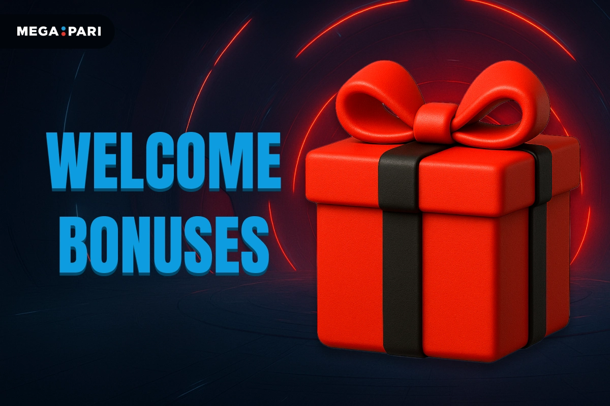 MegaPari Welcome Bonuses banner with dark blue background, red glowing tunnel, title on left and red gift box with black ribbons and bow on right