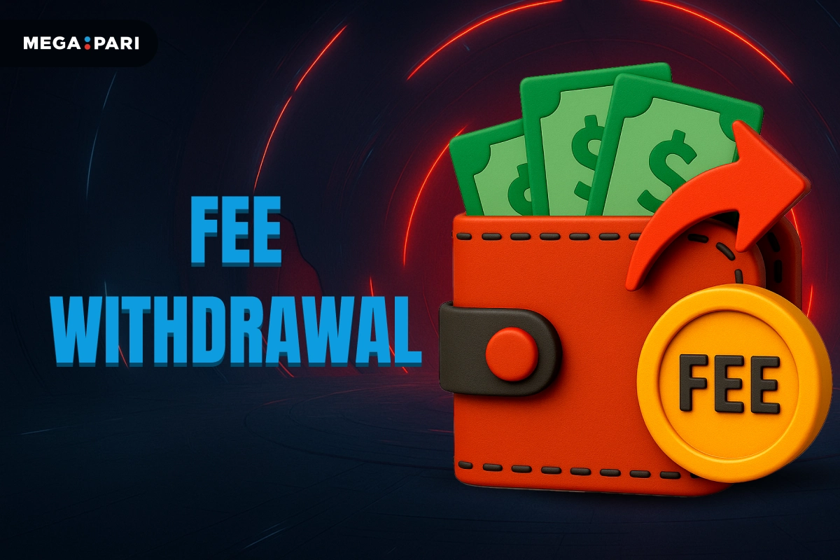 MegaPari Withdrawal Fee banner with dark blue background, red glowing tunnel, title on left and wallet with red withdrawal arrow and fee coin on right