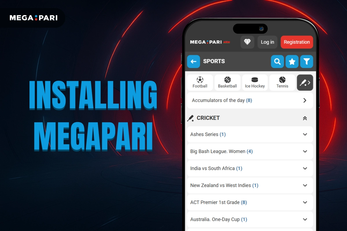 MegaPari image showing installation steps with mobile interface for app setup on dark glowing background.