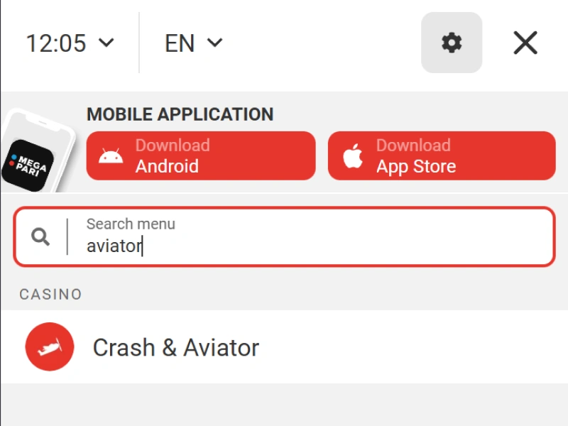A screenshot of the MegaPari menu with the search bar highlighted for "Aviator"