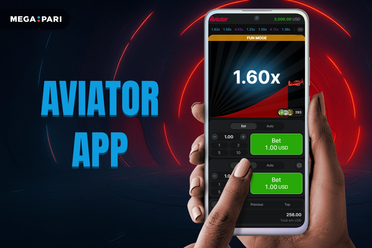 MegaPari image showing smartphone with Aviator app interface, fast gameplay metrics, easy navigation on dark neon background