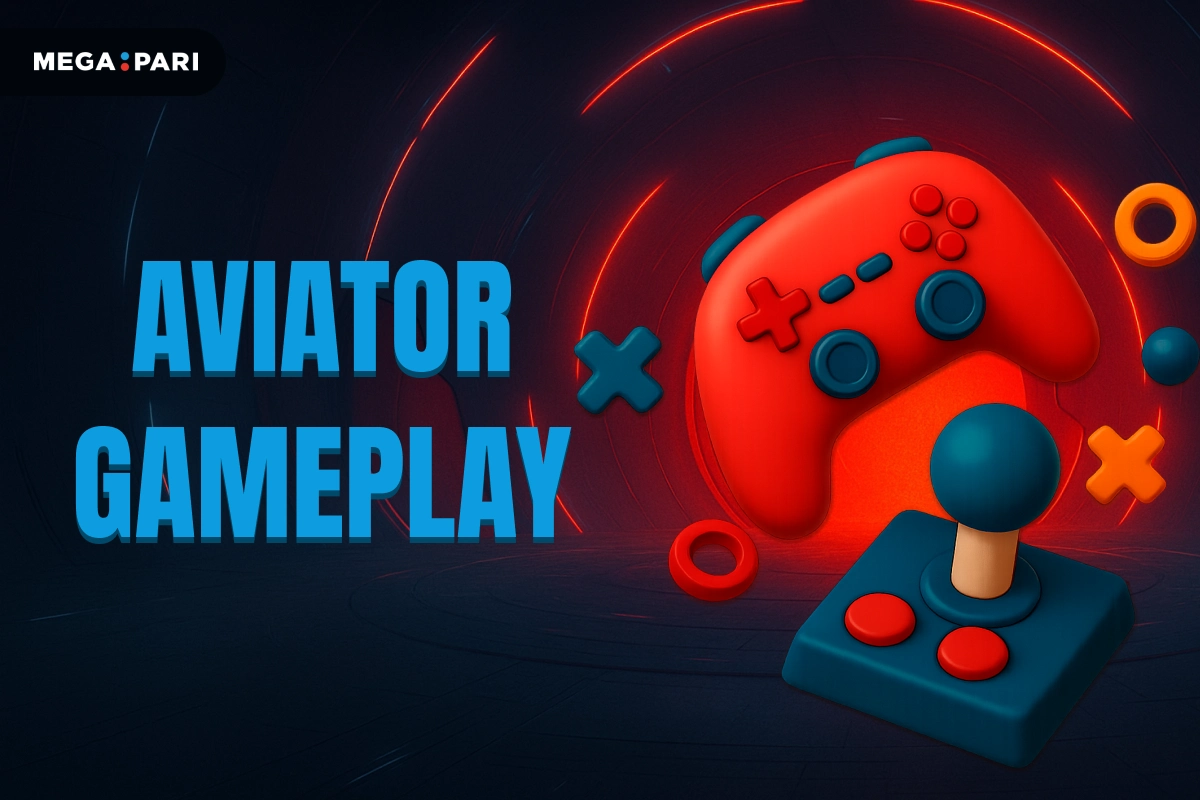 MegaPari image showing Aviator gameplay concept with 3D joystick icons, engaging play controls on dark red background.