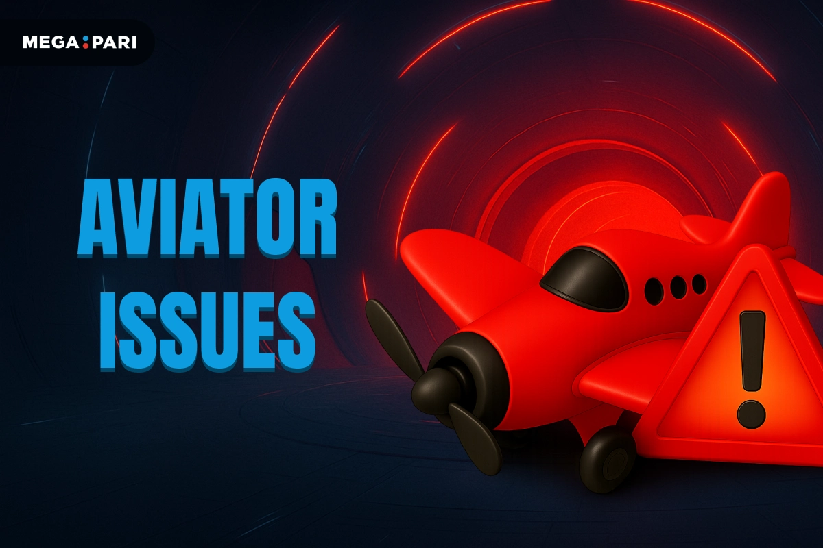 MegaPari image showing Aviator issues warning with red airplane alert icon on glowing dark background.