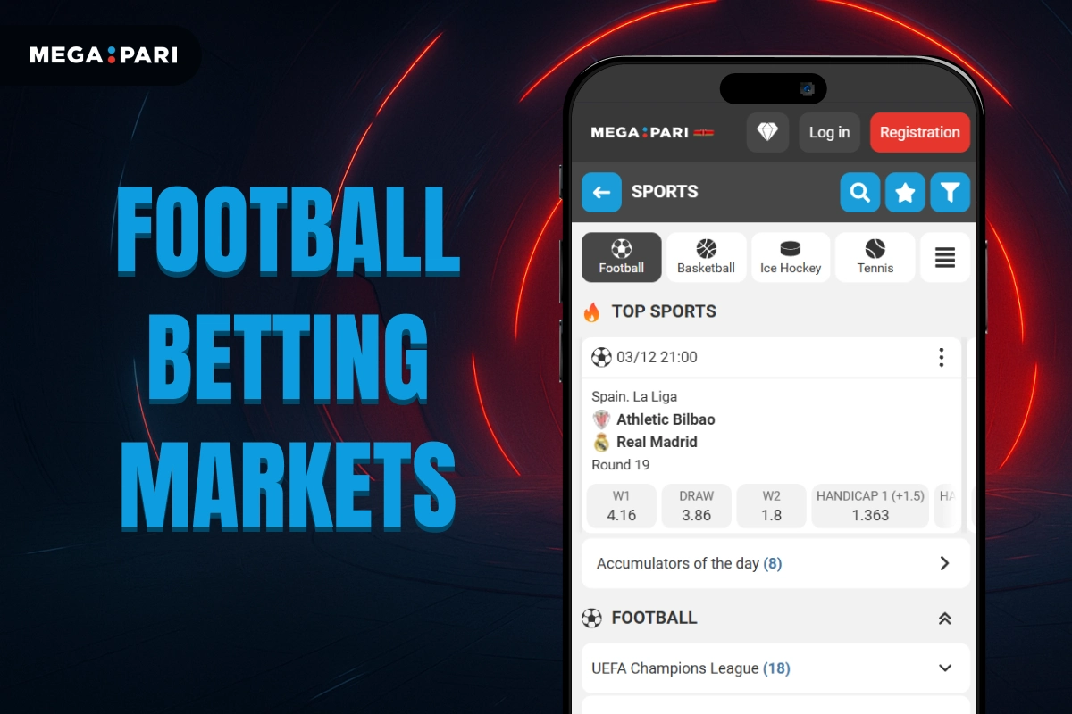 MegaPari image showing football betting markets on smartphone interface with match categories on dark neon background.