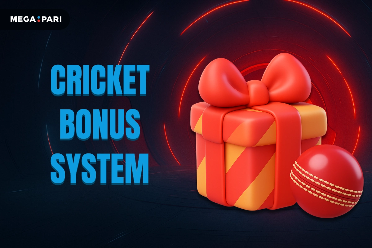 MegaPari image showing cricket bonus system with gift box and cricket ball on neon background.