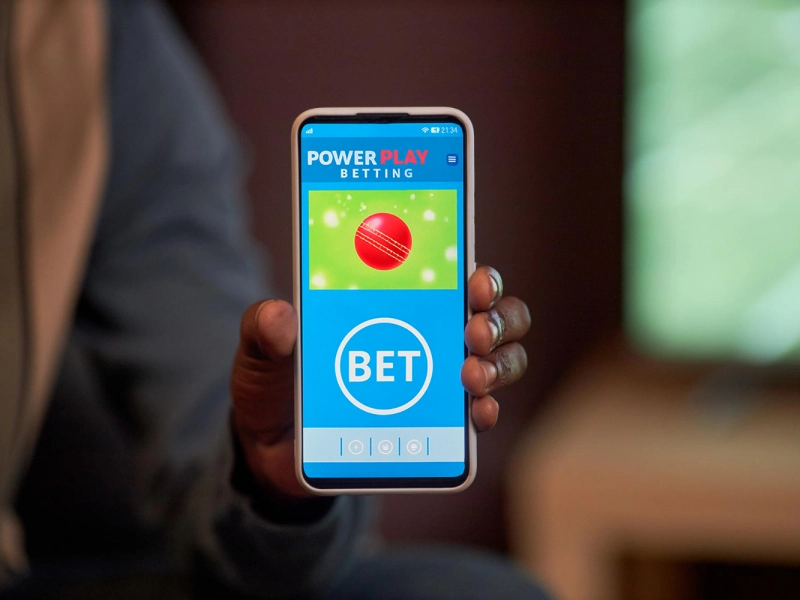 A person holding a smartphone displaying the PowerPlay Betting app with a cricket ball icon and a large BET button on the screen.
