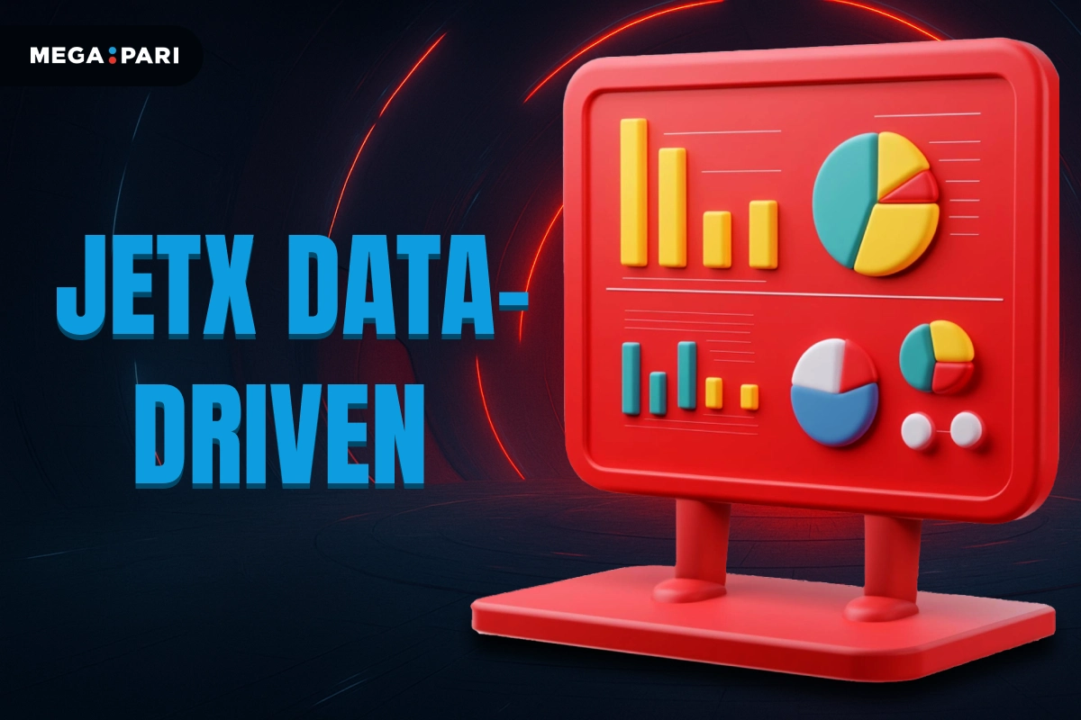 MegaPari image showing JetX data-driven analytics board with charts and graphs on red glowing background.