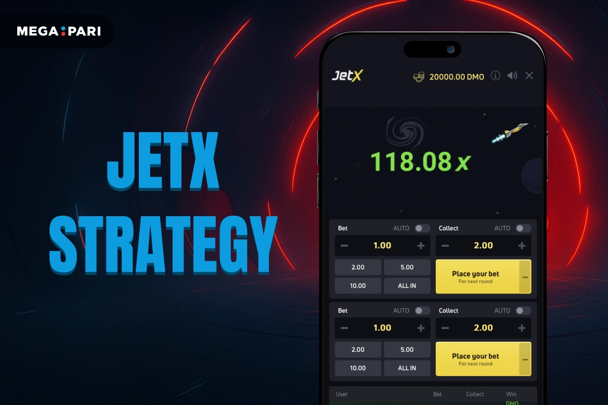MegaPari image showing JetX strategy interface on smartphone with live multiplier data and dark neon theme.
